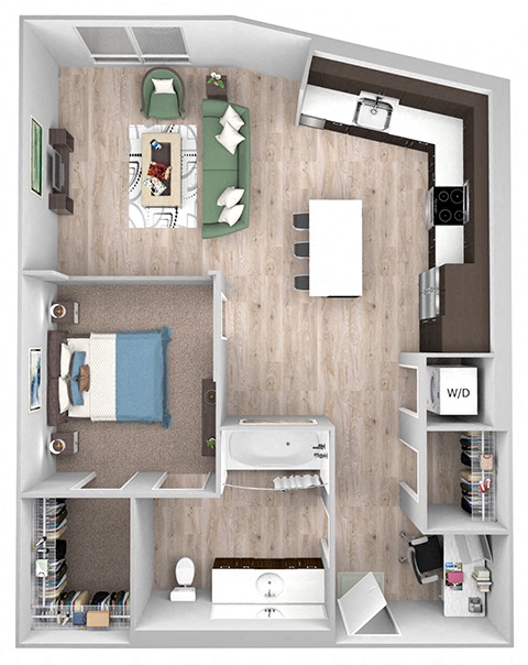 Floor plan for studio, 1 bath, 721 sqft